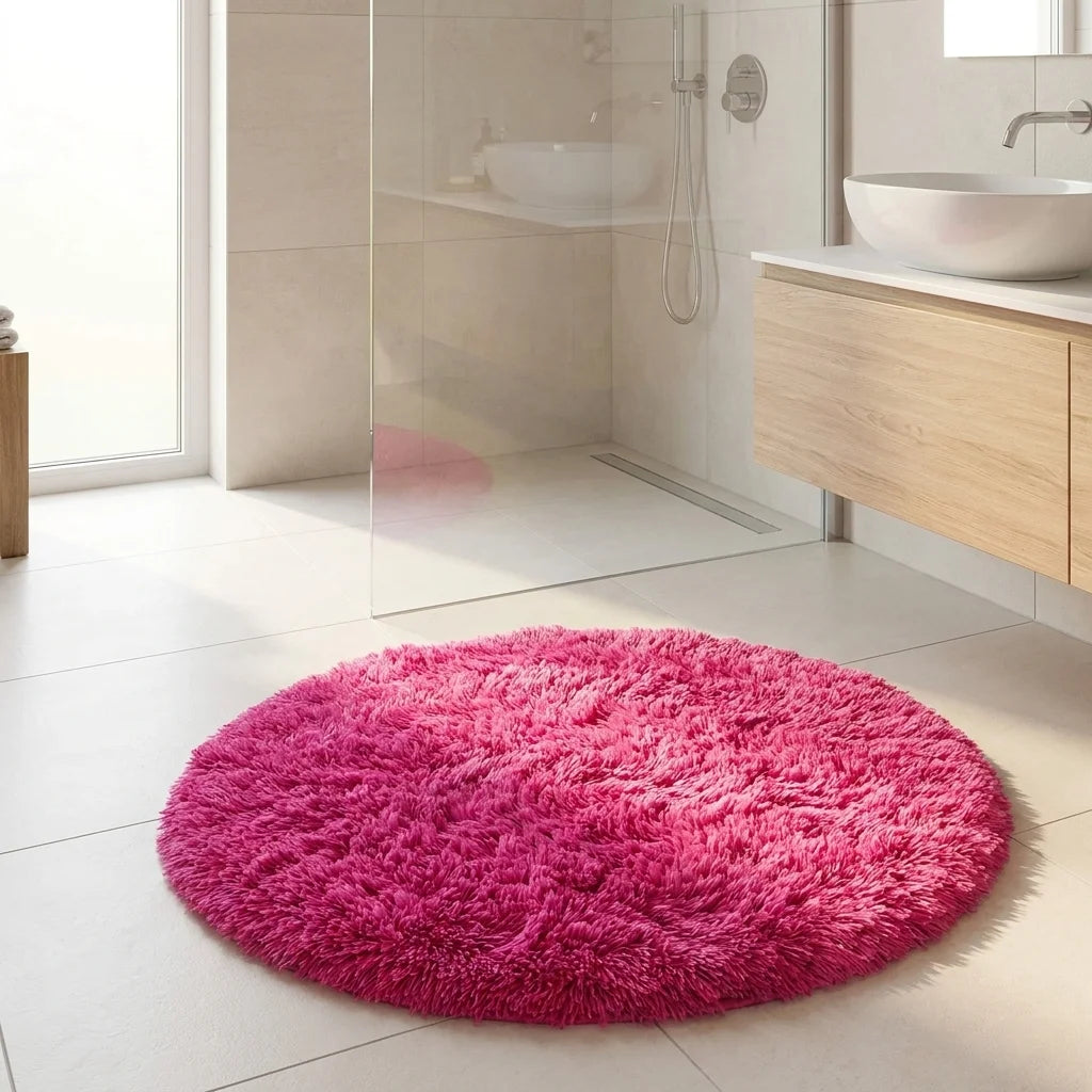 Tapis rond salle de bain moelleux rose en sortie de douche italienne, vasque blanche et meuble bois clair