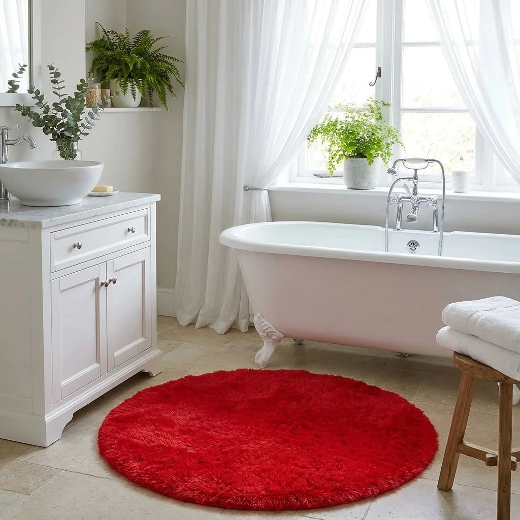 Tapis rond salle de bain moelleux rouge devant une baignoire, meuble bois et plante verte