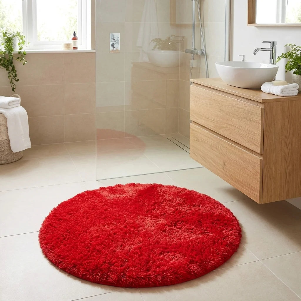 Tapis rond salle de bain moelleux rouge en sortie de douche italienne, vasque blanche et meuble bois clair