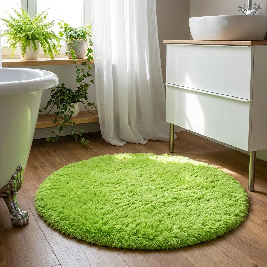 Tapis rond salle de bain moelleux vert pomme devant une baignoire, meuble bois et plante verte