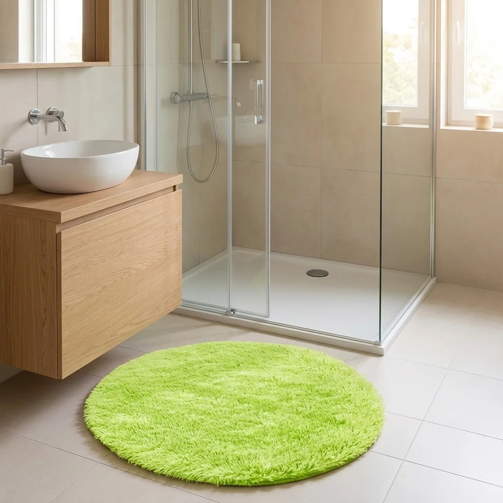 Tapis rond salle de bain moelleux vert pomme en sortie de douche italienne, vasque blanche et meuble bois clair