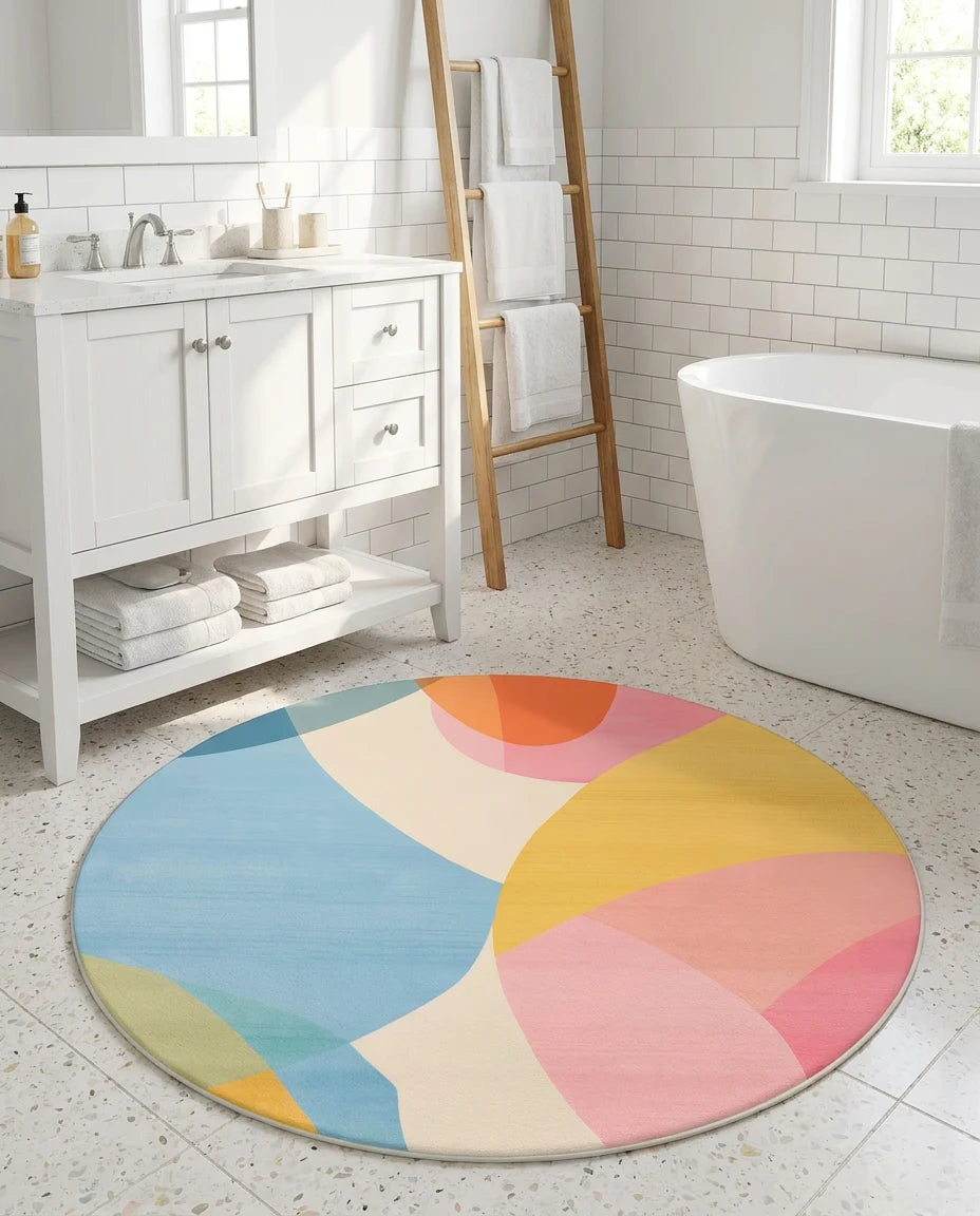 Tapis rond multicolore pastel dans une salle de bain, autre vue