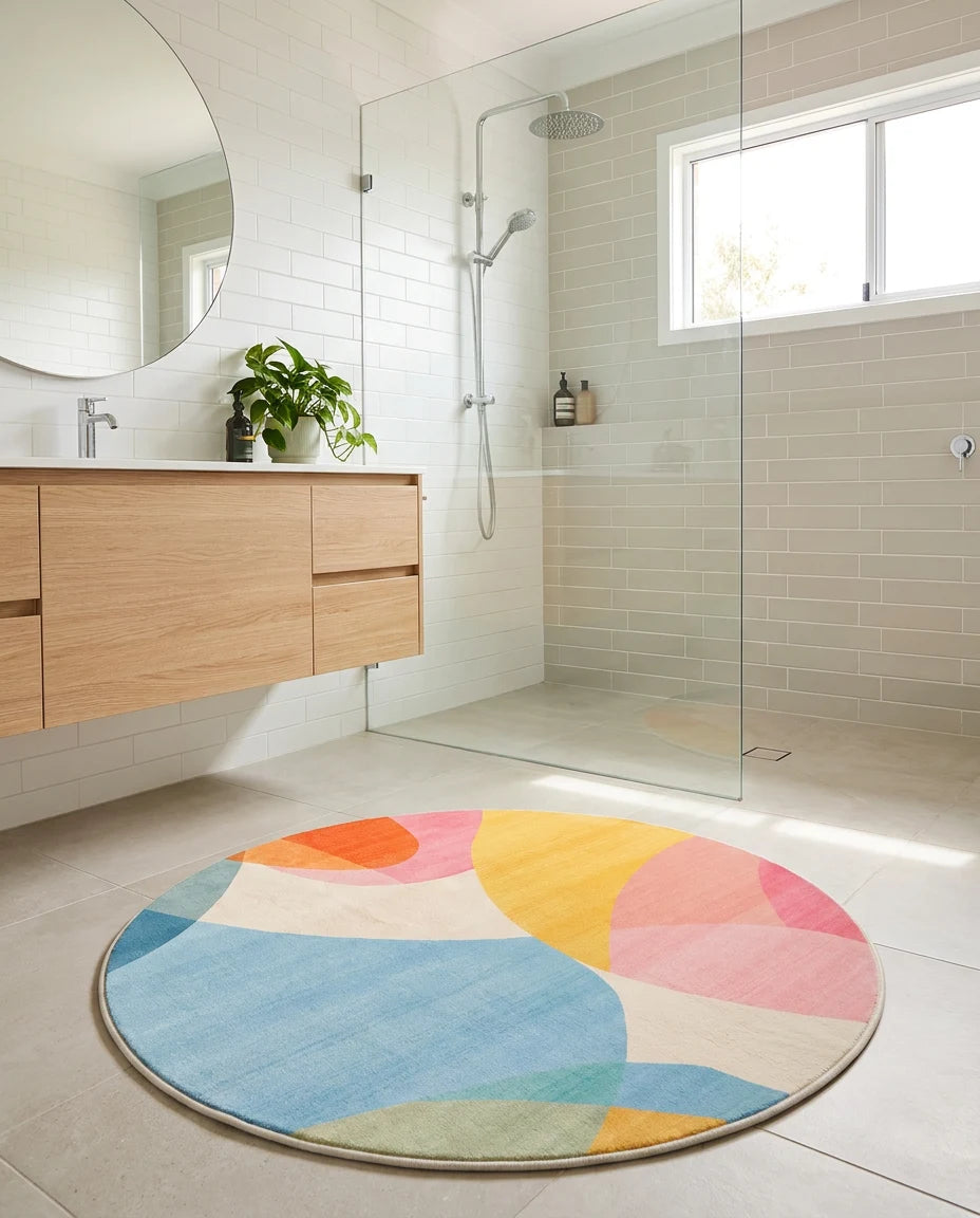 Tapis rond multicolore pastel posé dans une salle de bain