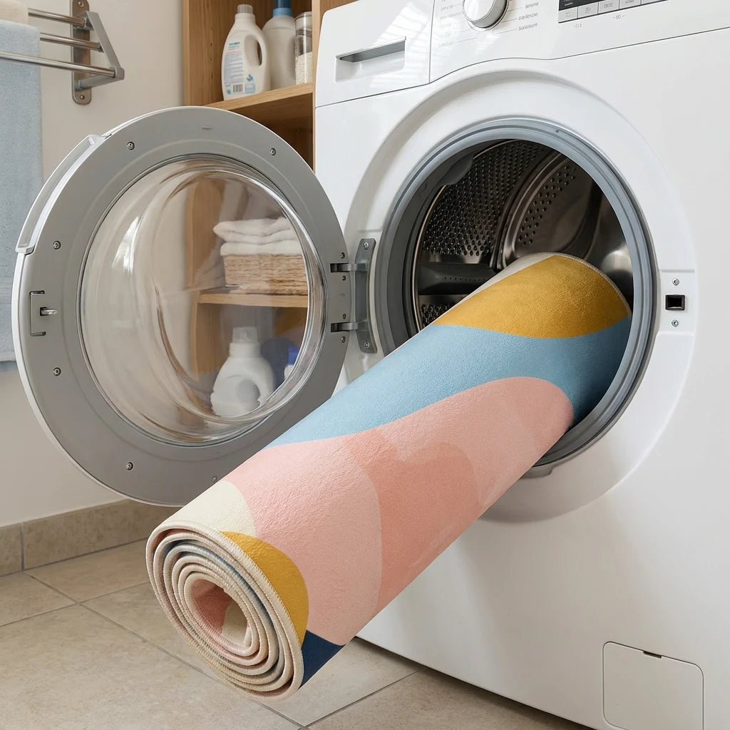 Tapis rond rose pastel roulé dans le tambour de la machine à laver, cycle délicat