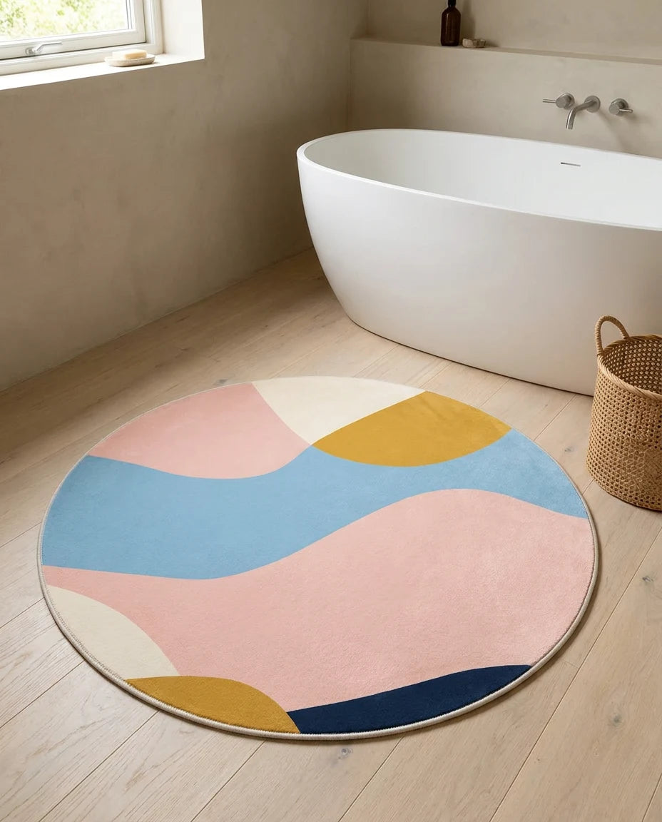Tapis rond rose pastel dans une salle de bain, autre vue