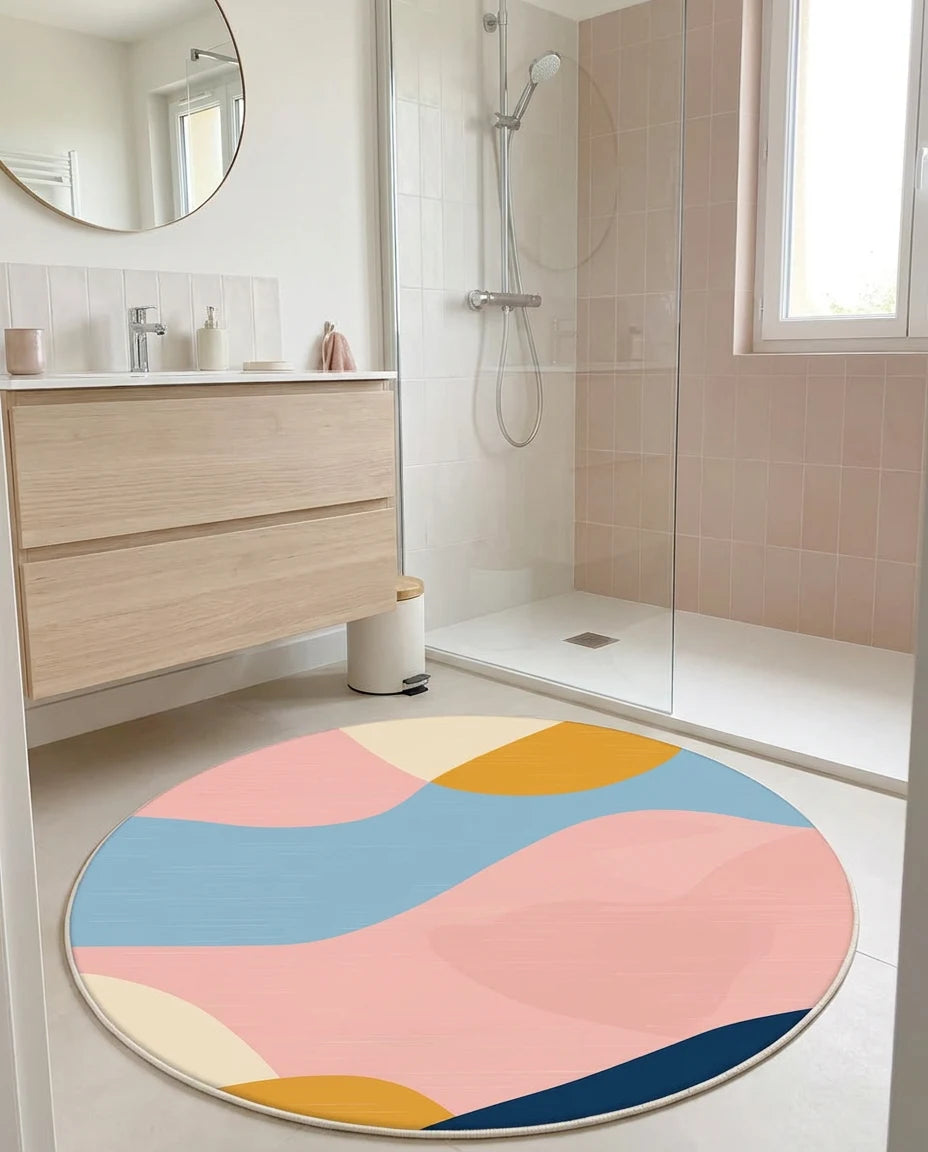 Tapis rond rose pastel posé dans une salle de bain