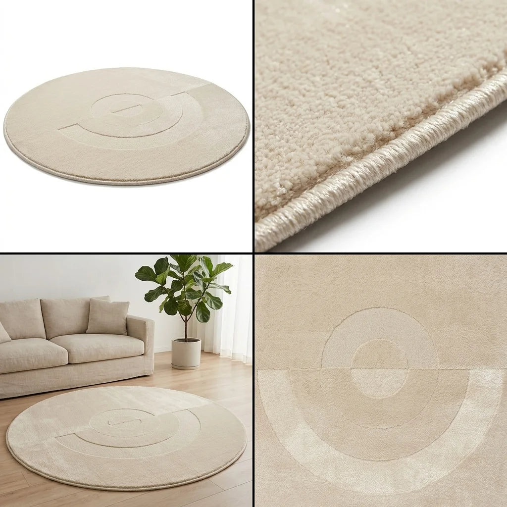 Quatre vues du tapis rond salon cercles concentriques beige crème : studio, macro, scène salon, zoom motif