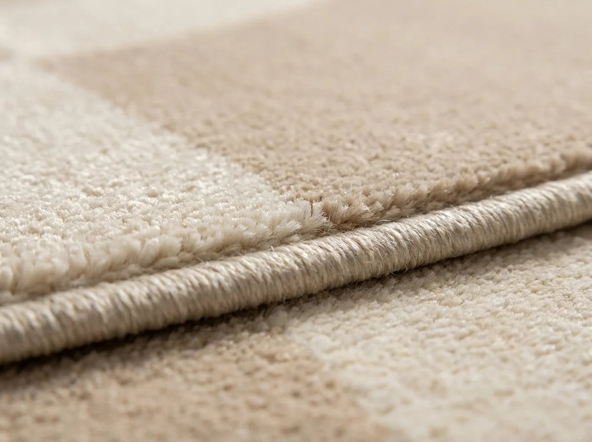 Macro du bord du tapis rond salon cercles concentriques beige crème, épaisseur et texture peluche velours
