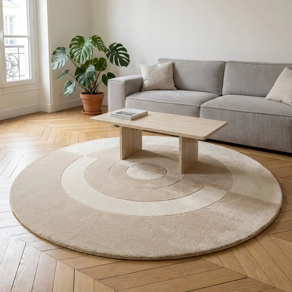 Tapis rond salon cercles concentriques beige crème dans un salon adulte contemporain, vue trois-quarts