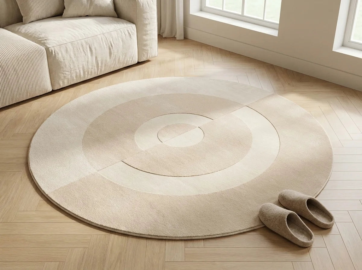 Tapis rond salon cercles concentriques beige crème vu en perspective cavalière depuis hauteur, dans un salon clair