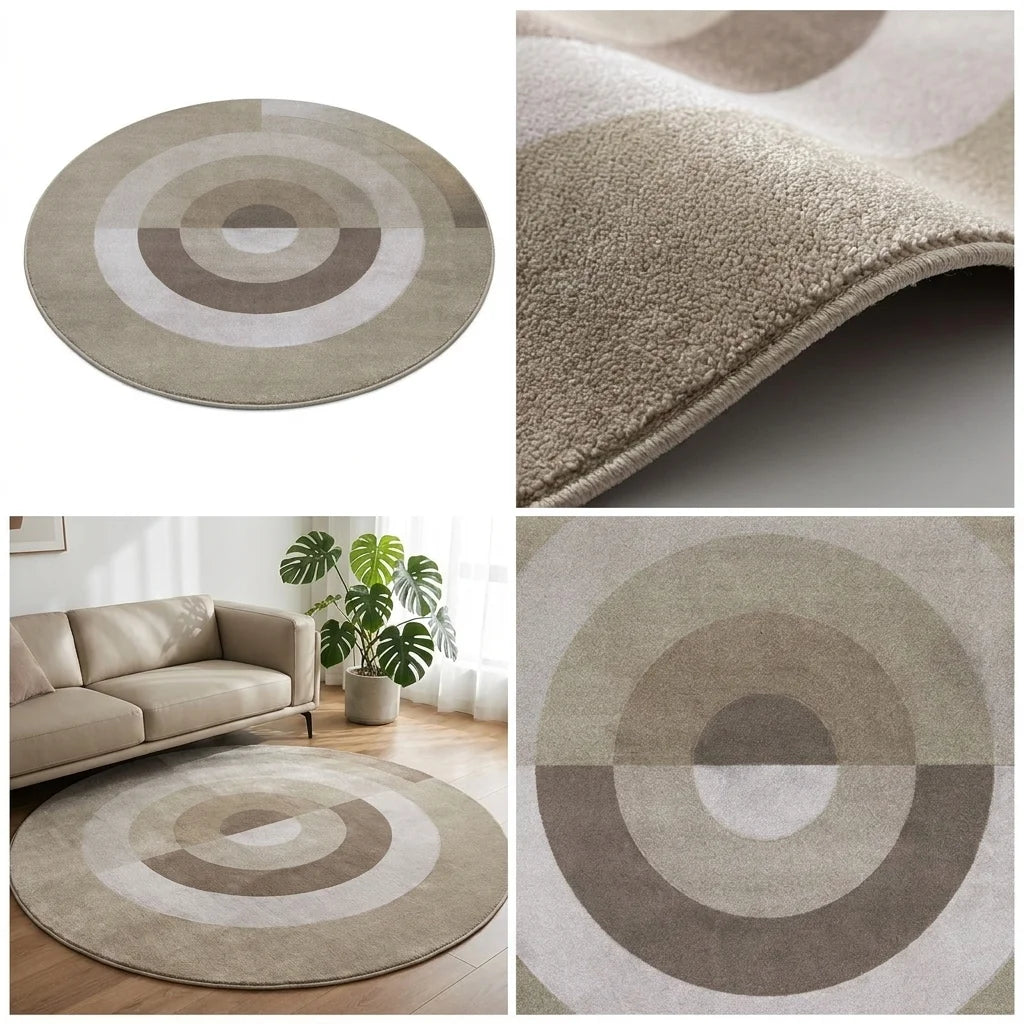 Quatre vues du tapis rond salon cercles concentriques beige taupe : studio, macro, scène salon, zoom motif