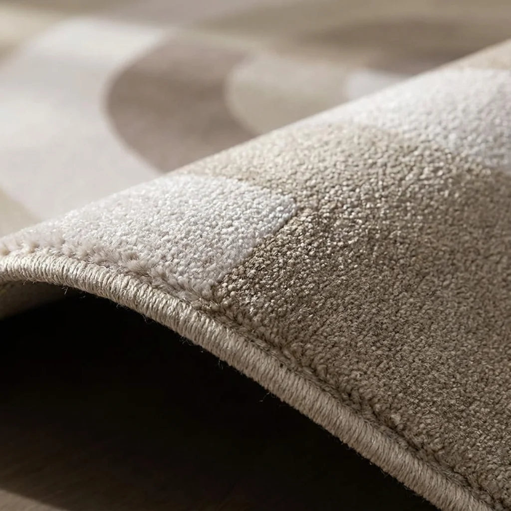 Macro du bord du tapis rond salon cercles concentriques beige taupe, épaisseur et texture peluche velours