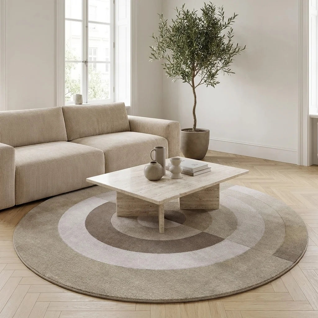 Tapis rond salon cercles concentriques beige taupe dans un salon adulte contemporain, vue trois-quarts
