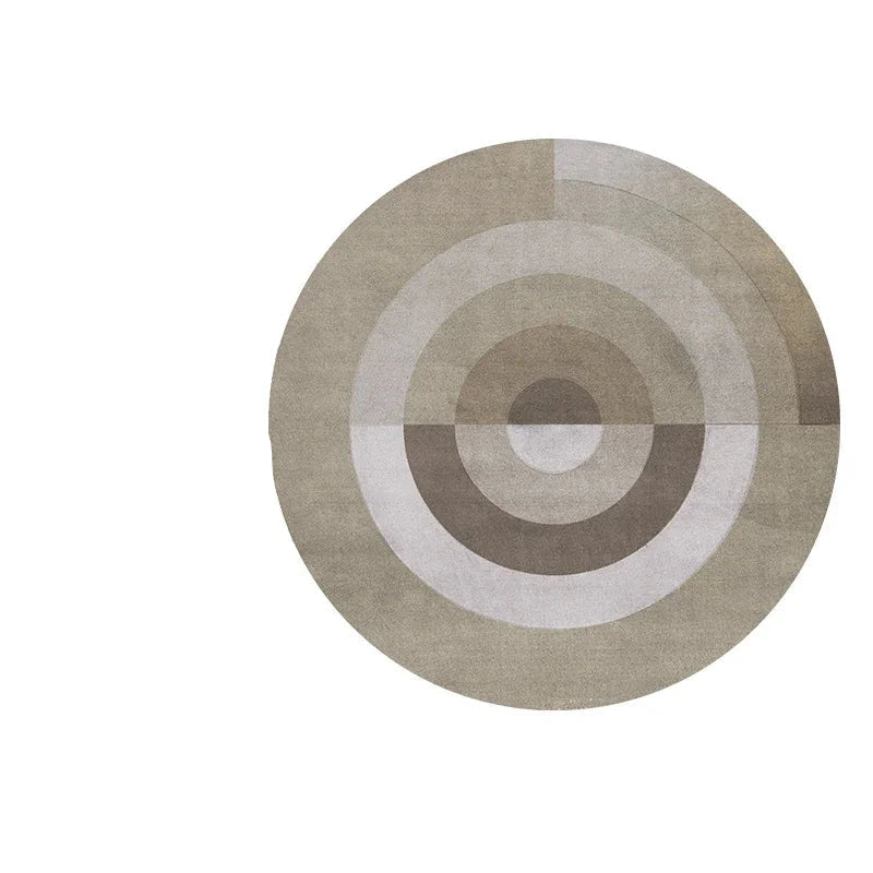 Photo originale du tapis rond salon cercles concentriques beige taupe, vue top-down studio