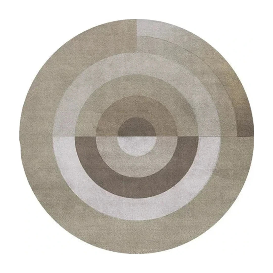 Tapis rond salon cercles concentriques beige taupe, vue de dessus sur fond blanc
