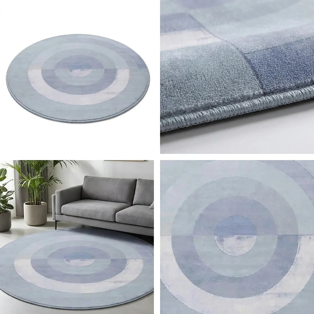Quatre vues du tapis rond salon cercles concentriques bleu gris : studio, macro, scène salon, zoom motif