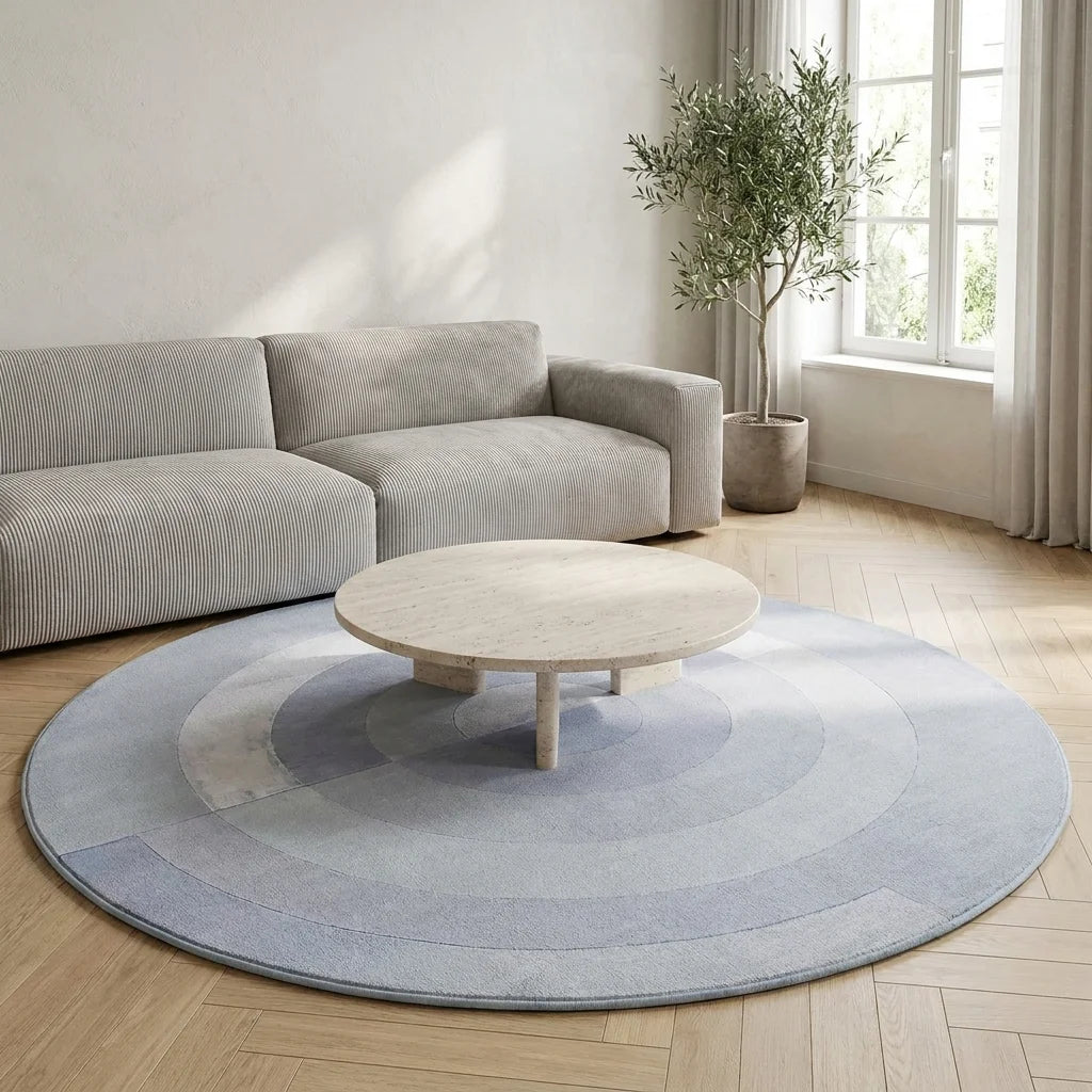 Tapis rond salon cercles concentriques bleu gris dans un salon adulte contemporain, vue trois-quarts