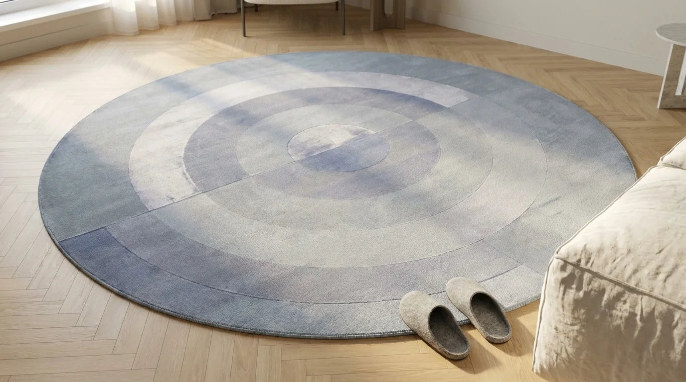 Tapis rond salon cercles concentriques bleu gris vu en perspective cavalière depuis hauteur, dans un salon clair