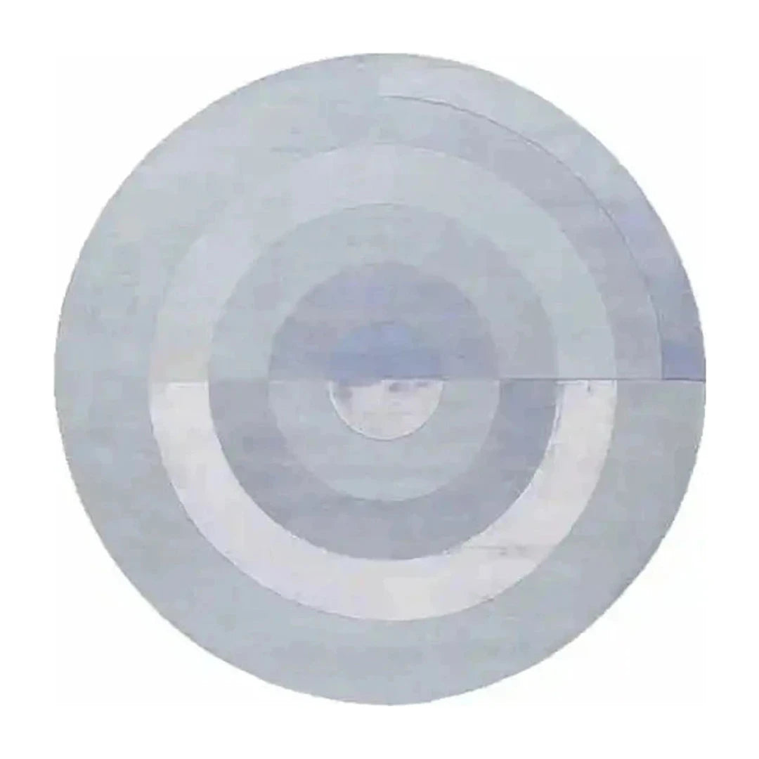 Tapis rond salon cercles concentriques bleu gris, vue de dessus sur fond blanc