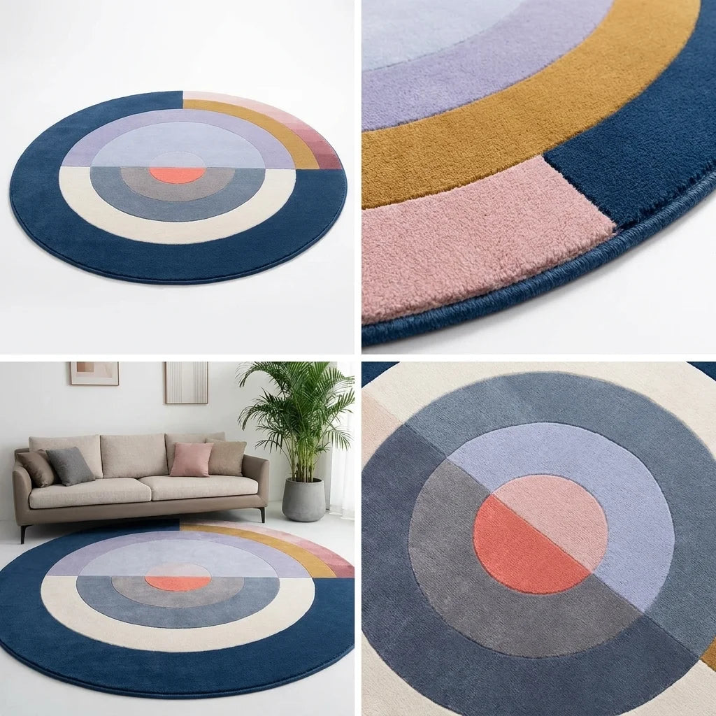 Quatre vues du tapis rond salon cercles concentriques bleu nuit : studio, macro, scène salon, zoom motif