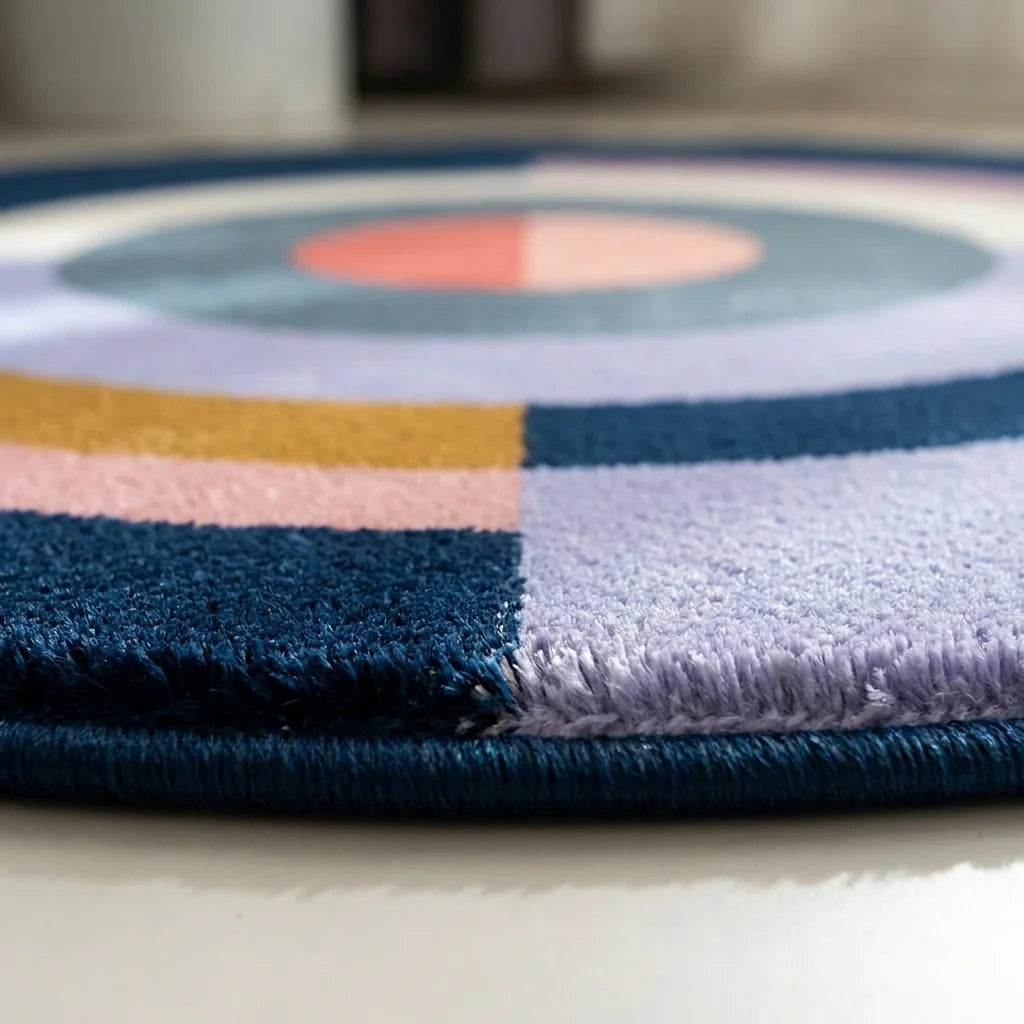 Macro du bord du tapis rond salon cercles concentriques bleu nuit, épaisseur et texture peluche velours