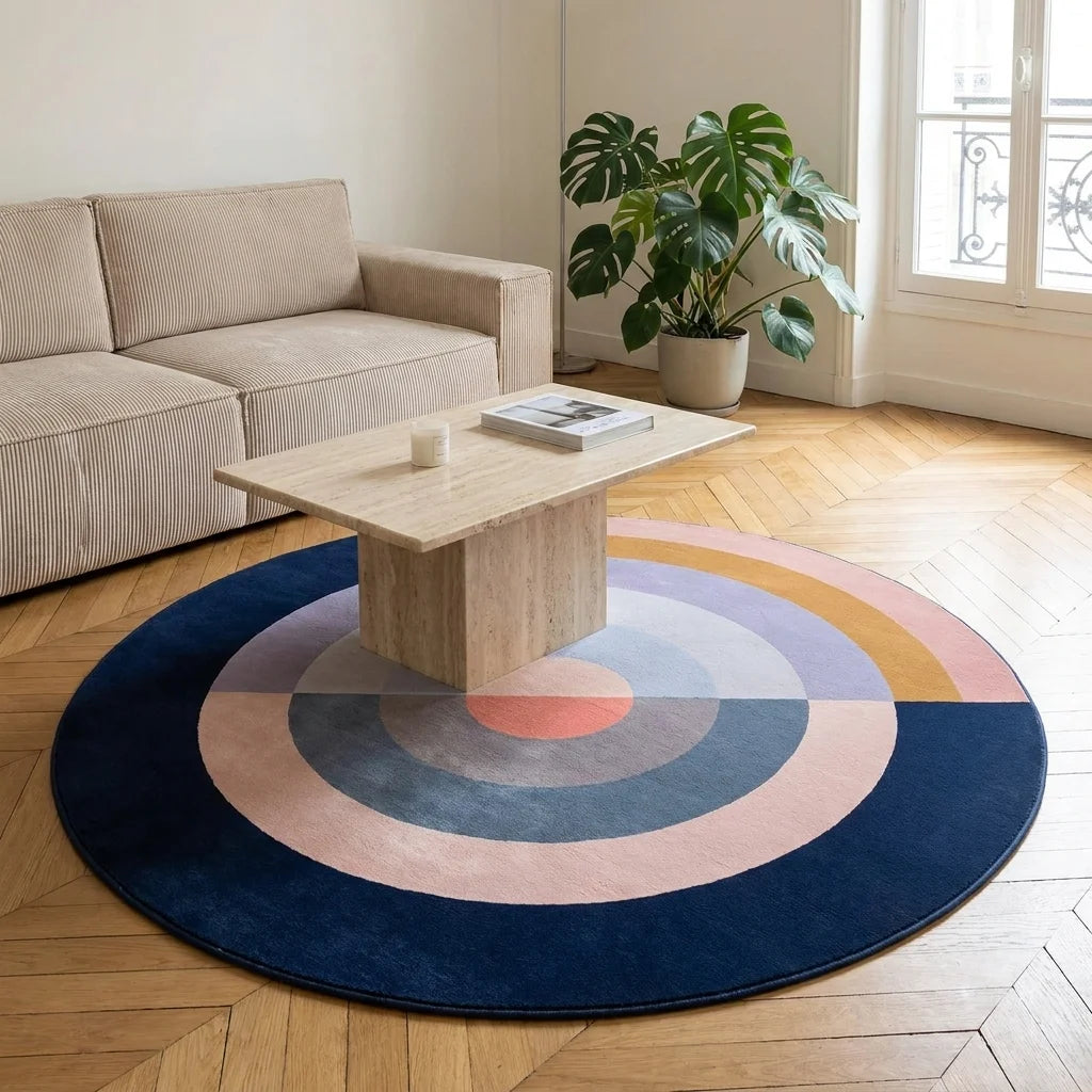 Tapis rond salon cercles concentriques bleu nuit dans un salon adulte contemporain, vue trois-quarts