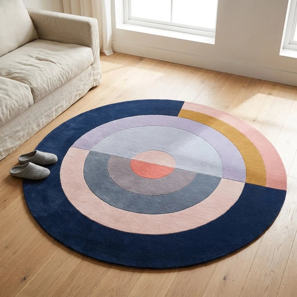Tapis rond salon cercles concentriques bleu nuit vu en perspective cavalière depuis hauteur, dans un salon clair