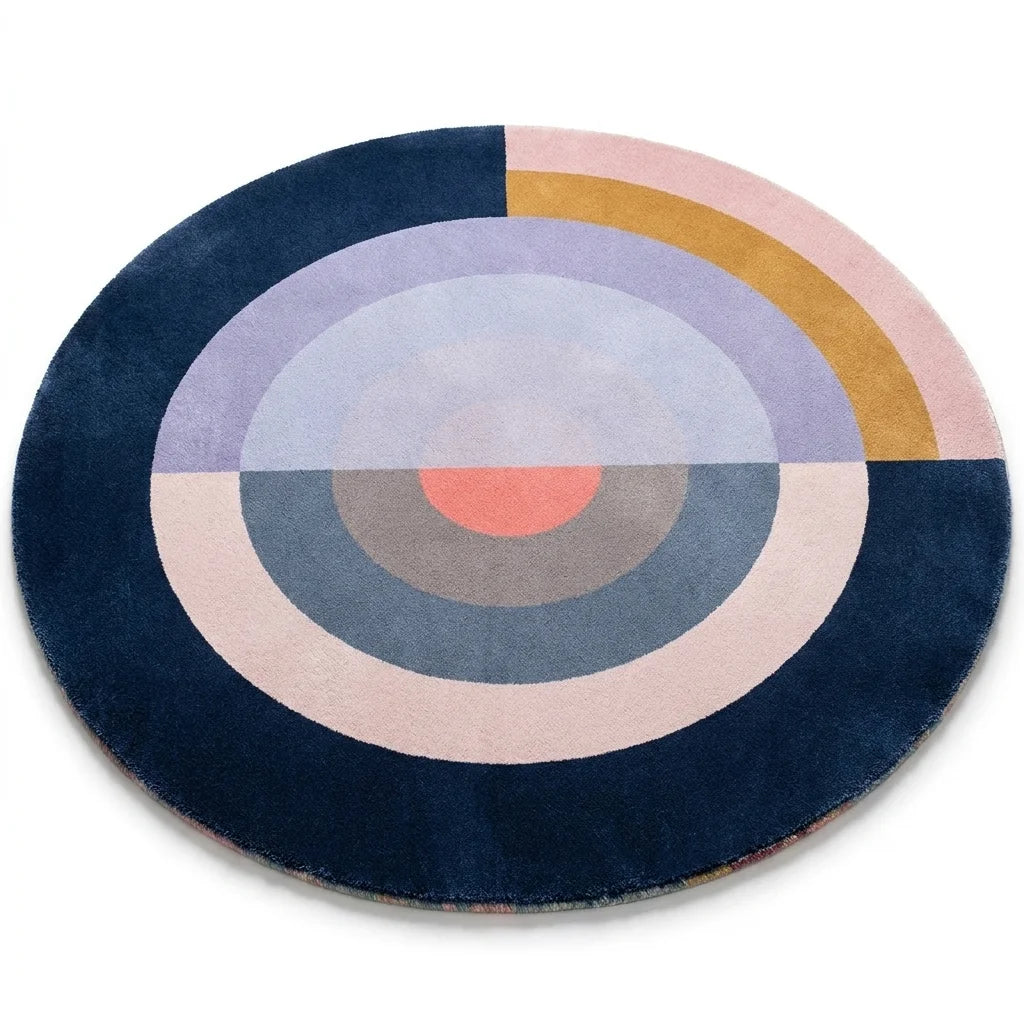 Vue studio du tapis rond salon cercles concentriques bleu nuit, fond blanc, épaisseur visible