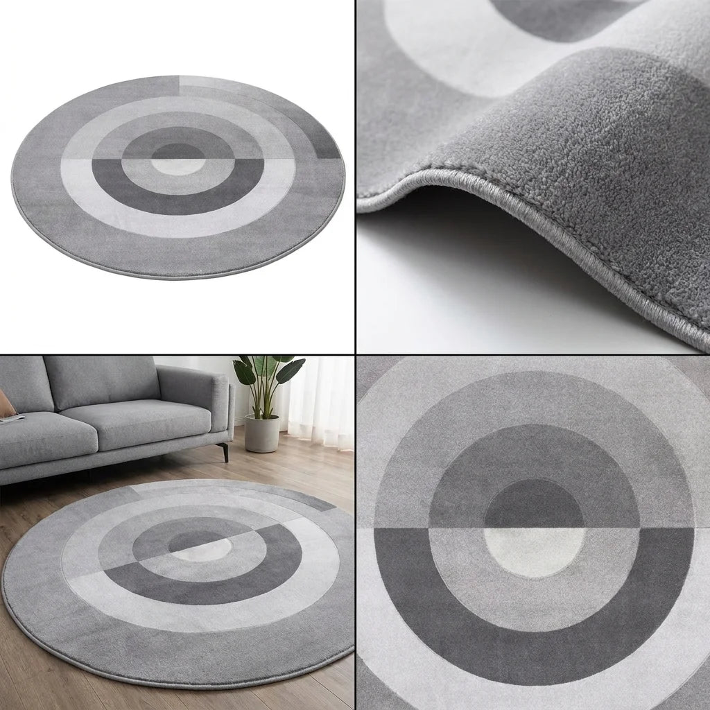 Quatre vues du tapis rond salon cercles concentriques gris : studio, macro, scène salon, zoom motif