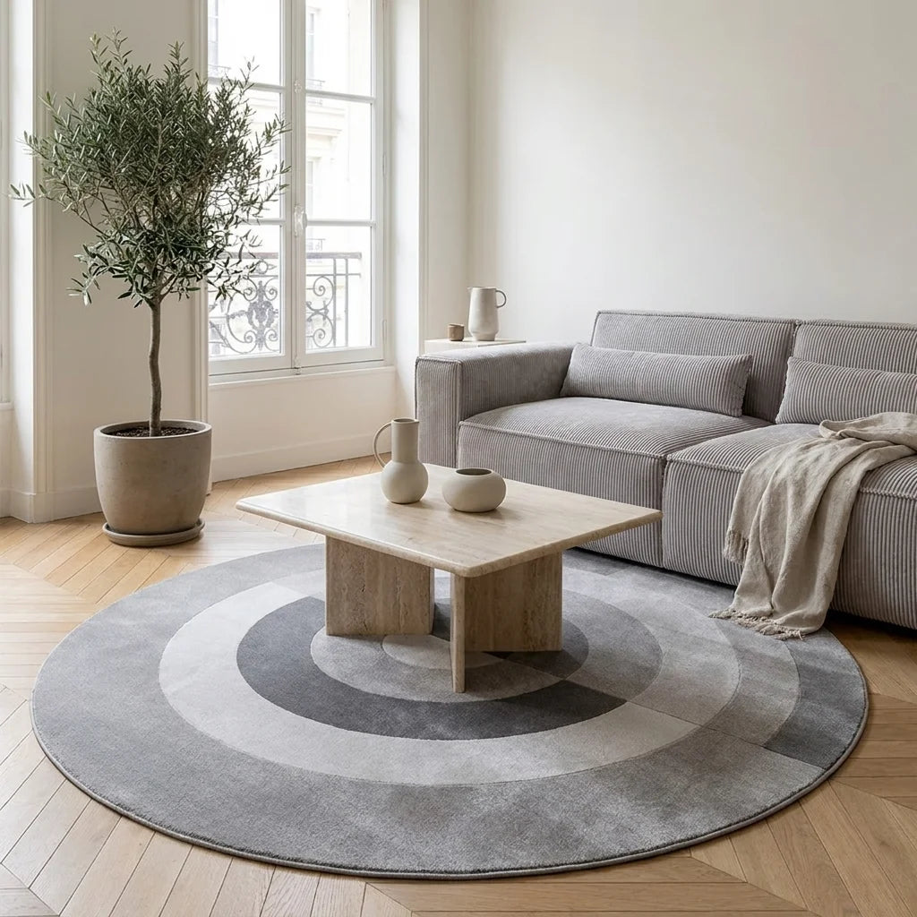 Tapis rond salon cercles concentriques gris dans un salon adulte contemporain, vue trois-quarts