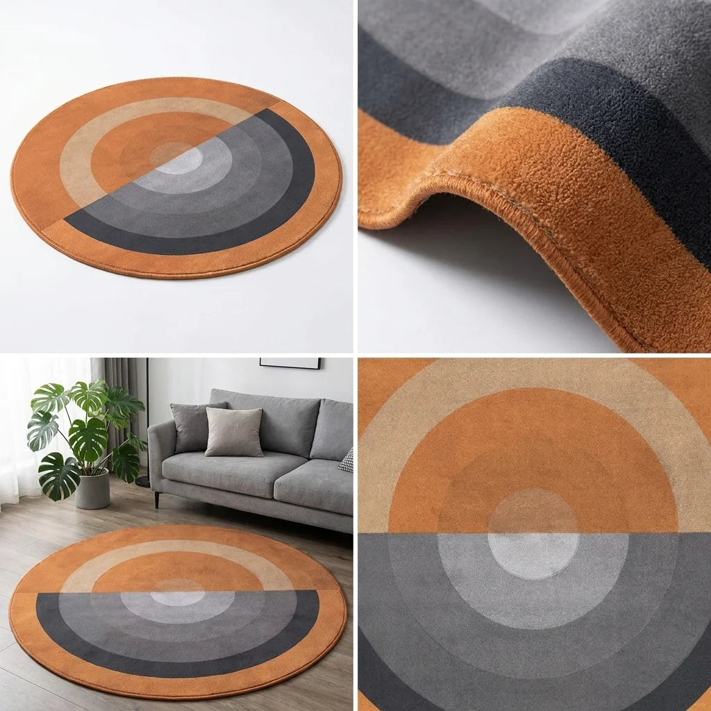 Quatre vues du tapis rond salon cercles concentriques orange brûlé : studio, macro, scène salon, zoom motif