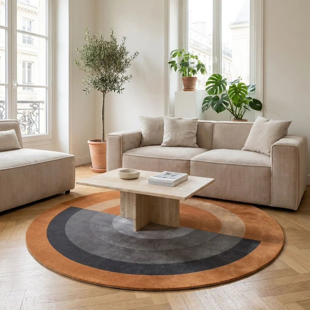 Tapis rond salon cercles concentriques orange brûlé dans un salon adulte contemporain, vue trois-quarts
