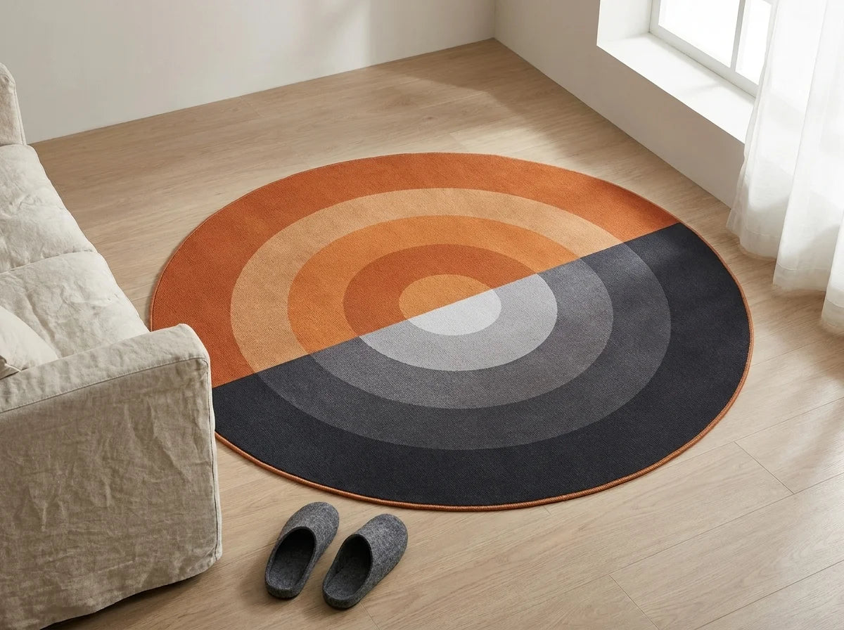 Tapis rond salon cercles concentriques orange brûlé vu en perspective cavalière depuis hauteur, dans un salon clair