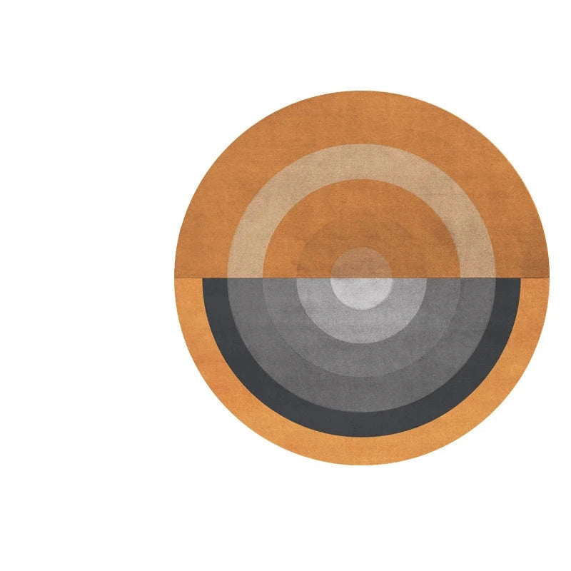 Photo originale du tapis rond salon cercles concentriques orange brûlé, vue top-down studio