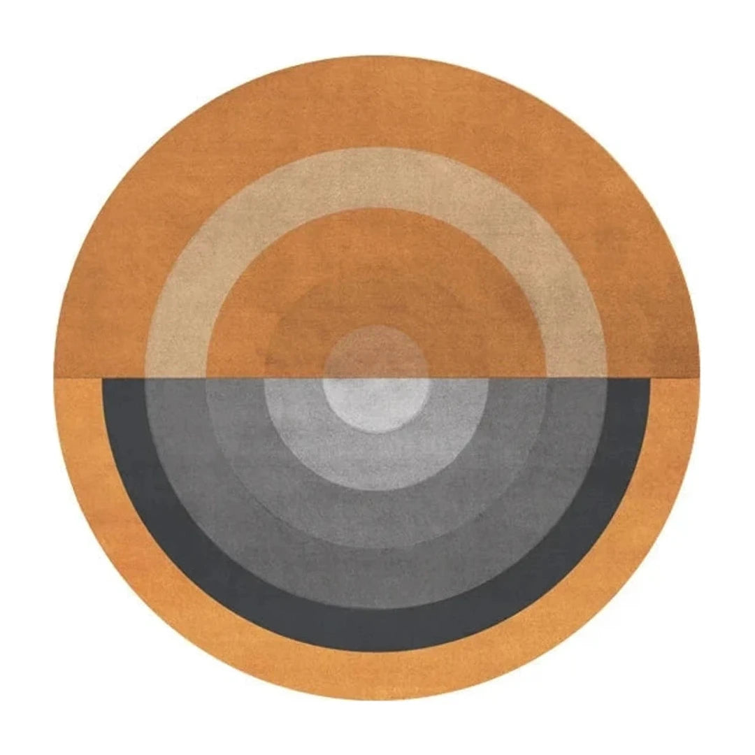 Tapis rond salon cercles concentriques orange brûlé, vue de dessus sur fond blanc