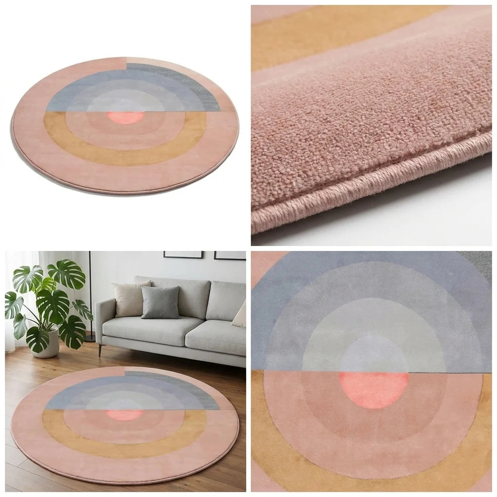 Quatre vues du tapis rond salon cercles concentriques rose poudré : studio, macro, scène salon, zoom motif