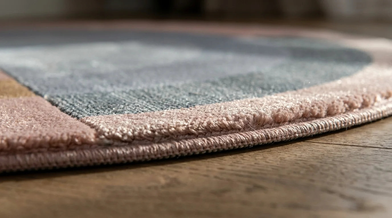 Macro du bord du tapis rond salon cercles concentriques rose poudré, épaisseur et texture peluche velours