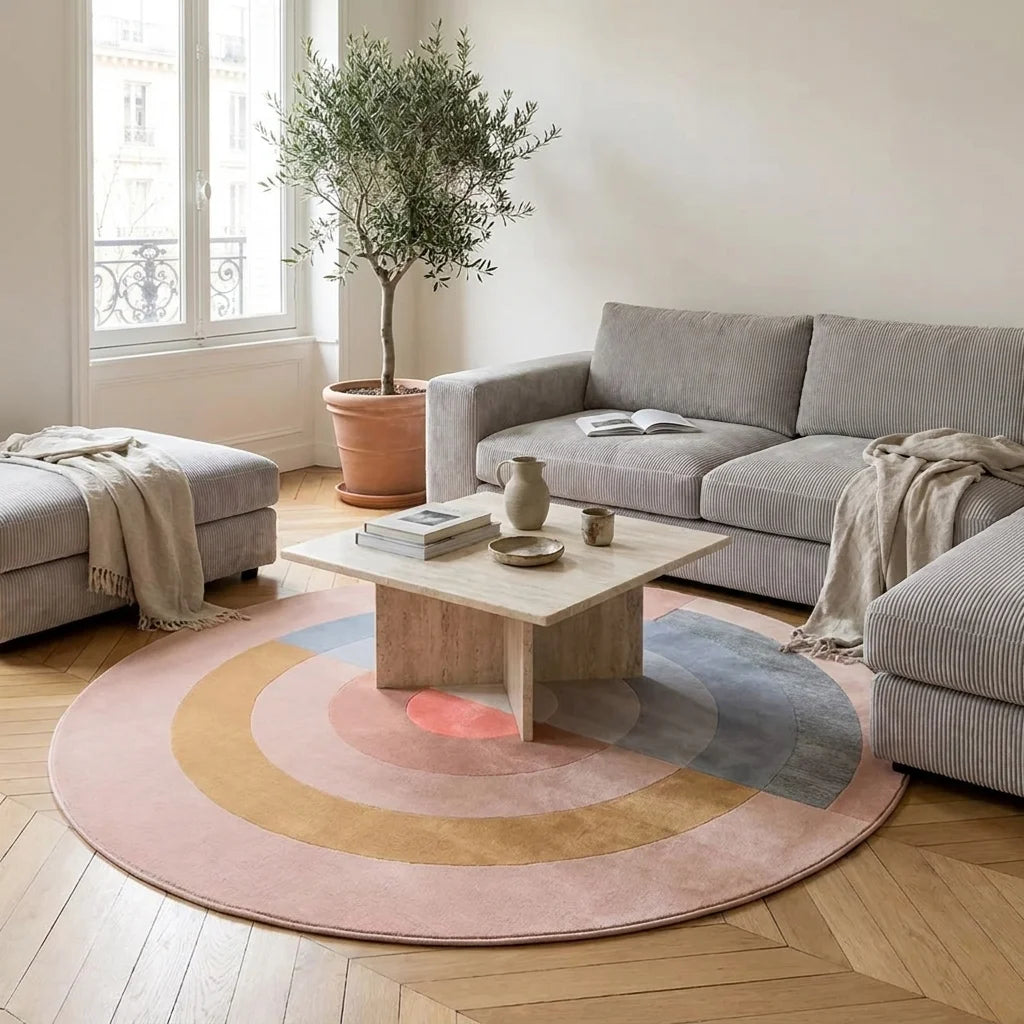 Tapis rond salon cercles concentriques rose poudré dans un salon adulte contemporain, vue trois-quarts