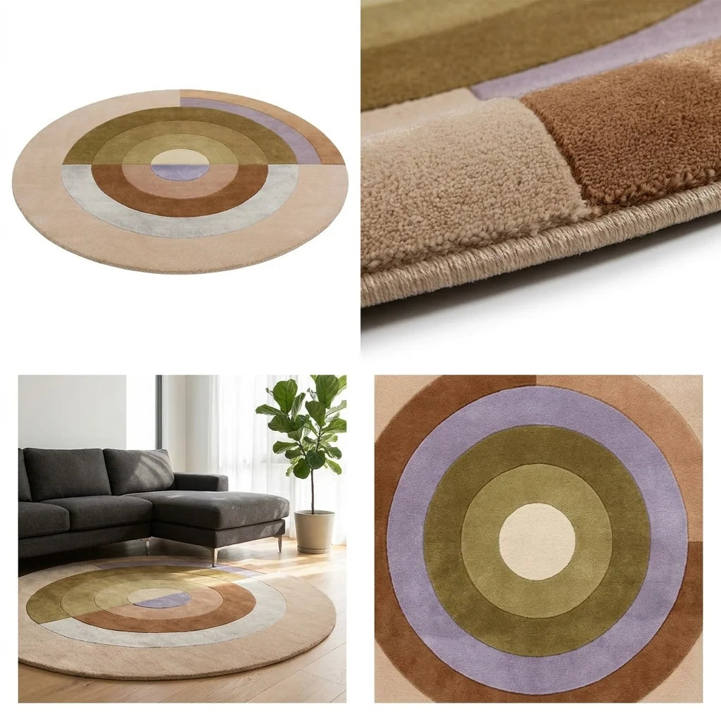 Quatre vues du tapis rond salon cercles concentriques terracotta : studio, macro, scène salon, zoom motif