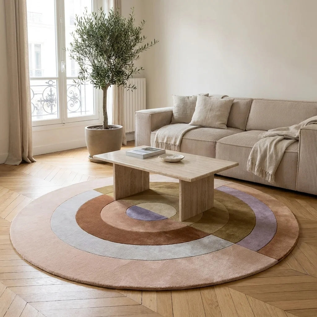 Tapis rond salon cercles concentriques terracotta dans un salon adulte contemporain, vue trois-quarts