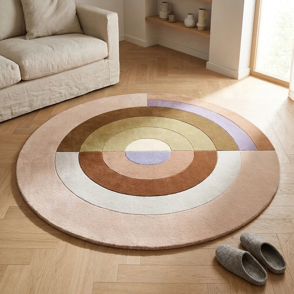 Tapis rond salon cercles concentriques terracotta vu en perspective cavalière depuis hauteur, dans un salon clair