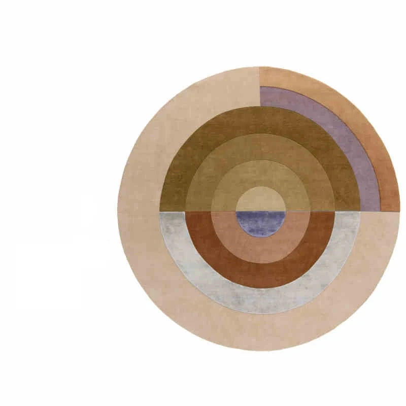 Photo originale du tapis rond salon cercles concentriques terracotta, vue top-down studio