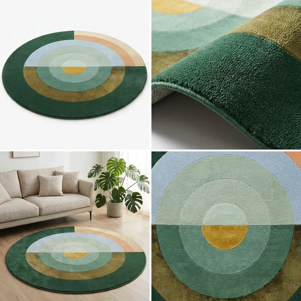 Quatre vues du tapis rond salon cercles concentriques vert forêt : studio, macro, scène salon, zoom motif