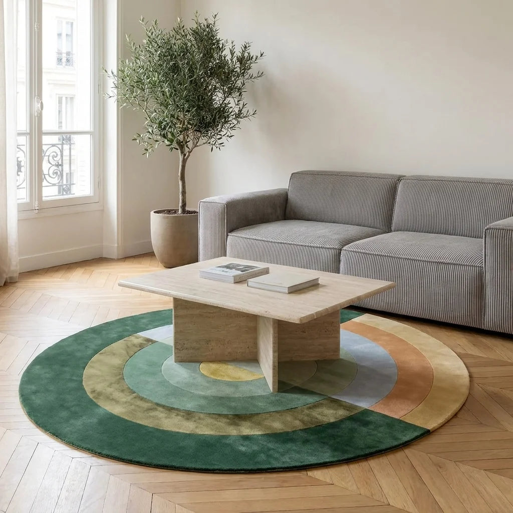 Tapis rond salon cercles concentriques vert forêt dans un salon adulte contemporain, vue trois-quarts
