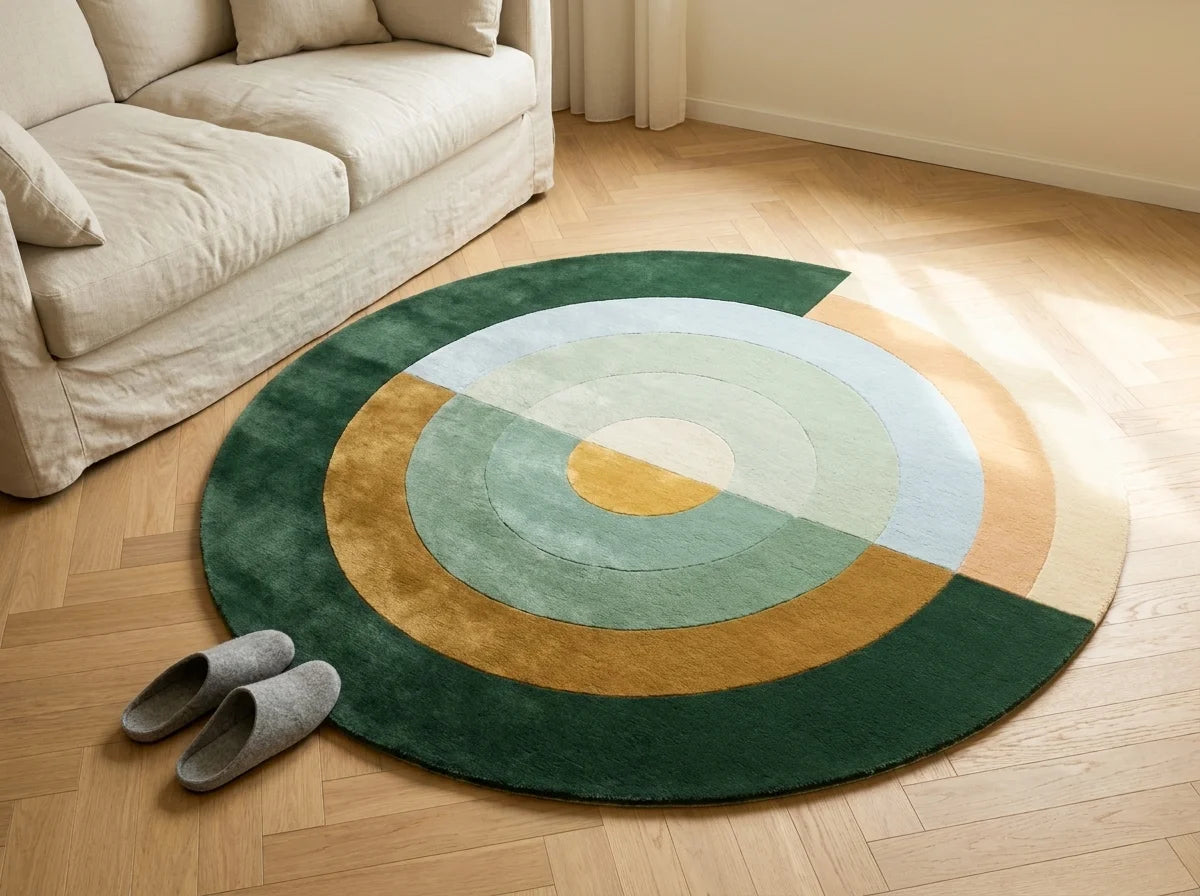 Tapis rond salon cercles concentriques vert forêt vu en perspective cavalière depuis hauteur, dans un salon clair