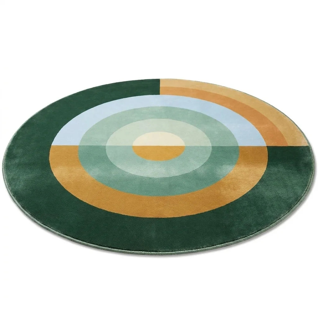 Vue studio du tapis rond salon cercles concentriques vert forêt, fond blanc, épaisseur visible