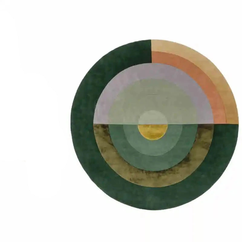 Photo originale du tapis rond salon cercles concentriques vert forêt, vue top-down studio