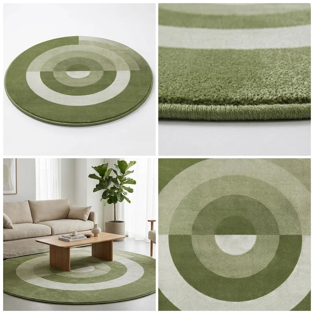 Quatre vues du tapis rond salon cercles concentriques vert sauge : studio, macro, scène salon, zoom motif