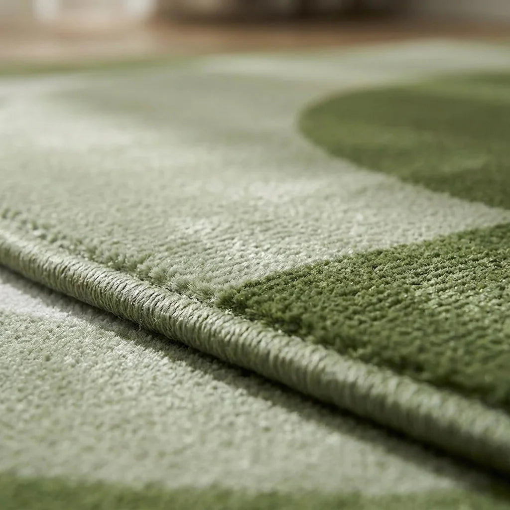 Macro du bord du tapis rond salon cercles concentriques vert sauge, épaisseur et texture peluche velours