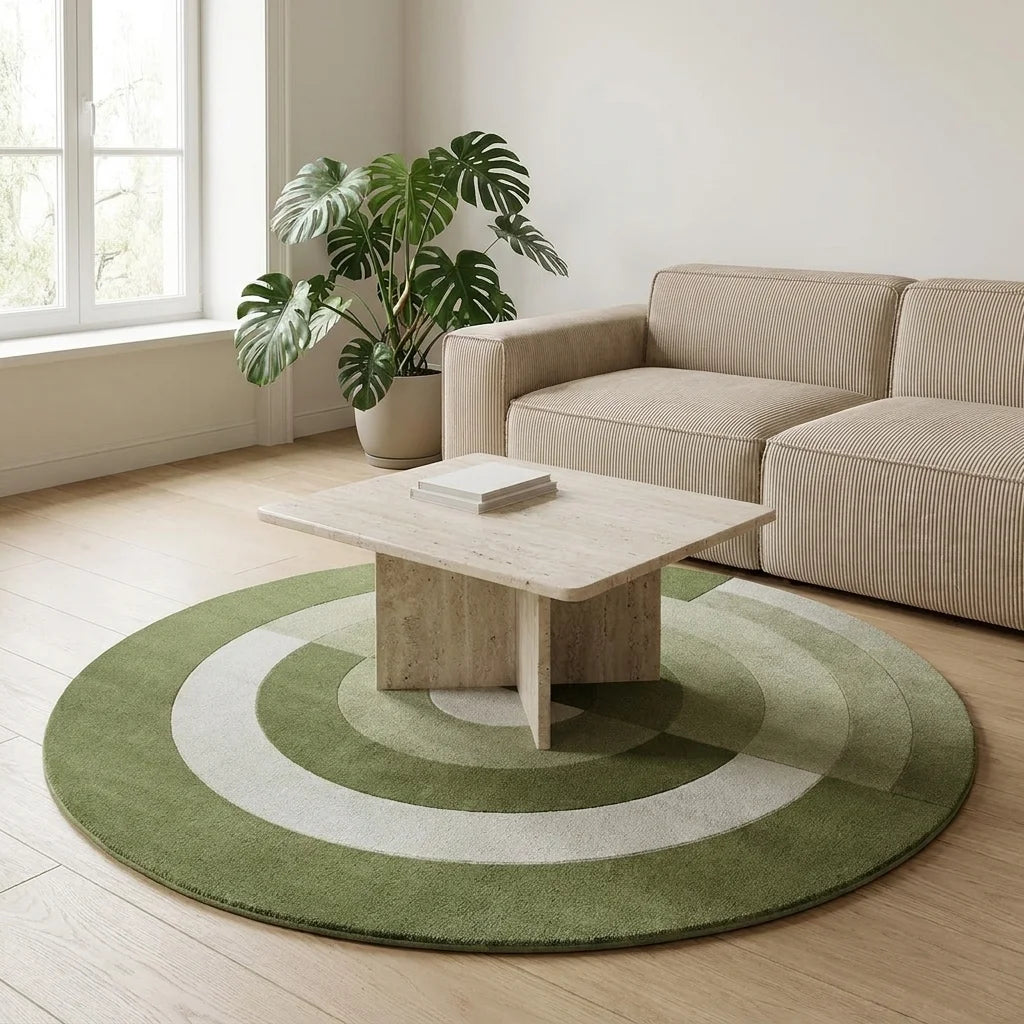 Tapis rond salon cercles concentriques vert sauge dans un salon adulte contemporain, vue trois-quarts